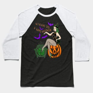 Witch woman spell pumpkin ghost bat Happy Halloween violet orange black green 3D tridimensional 321 Baseball T-Shirt